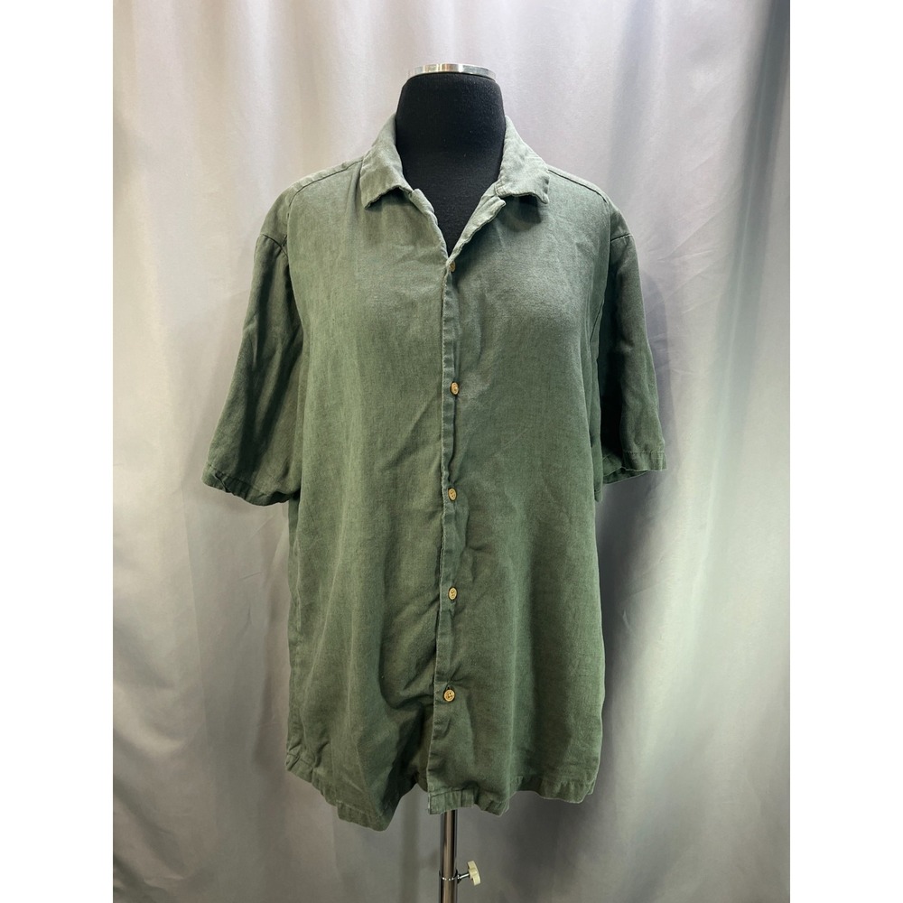 Kenneth Cole Sport Shirt Mens XL Olive Green Linen Slim Fit Point Collar Summer